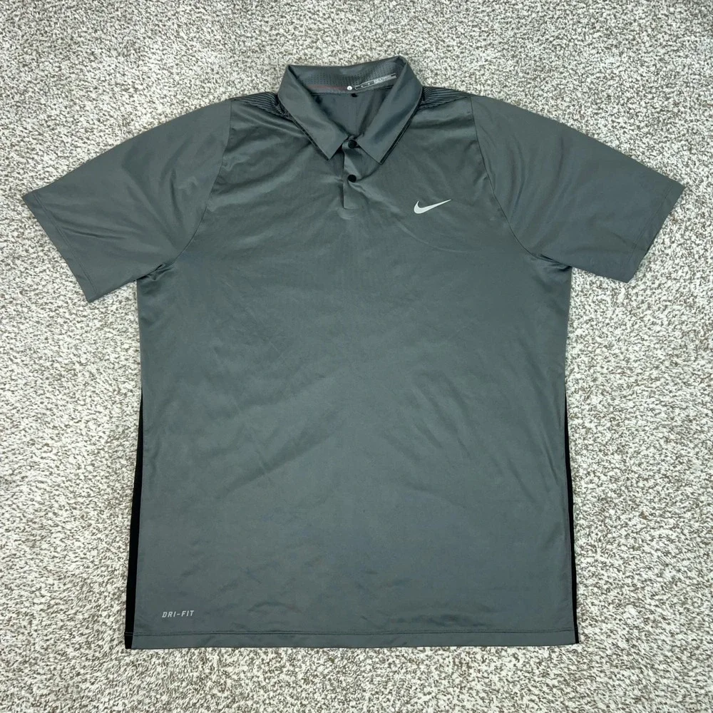 Nike Polo Shirt Mens Large Gray Striped Dri-Fit Tiger Woods Golf Performance Top